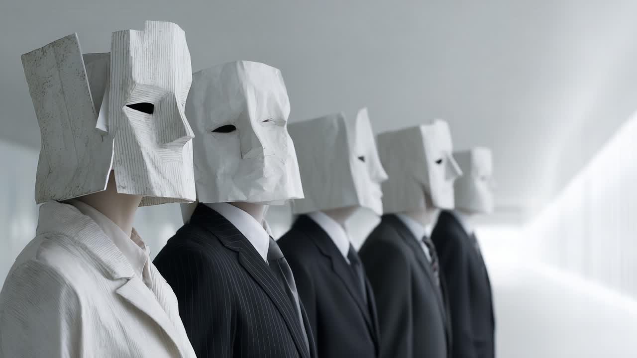 En surrealistisk opstilling af ansigtsløse figurer i minimalistisk beklædning: Udforskning af identitet og anonymitet gennem papirmasker i et moderne miljø