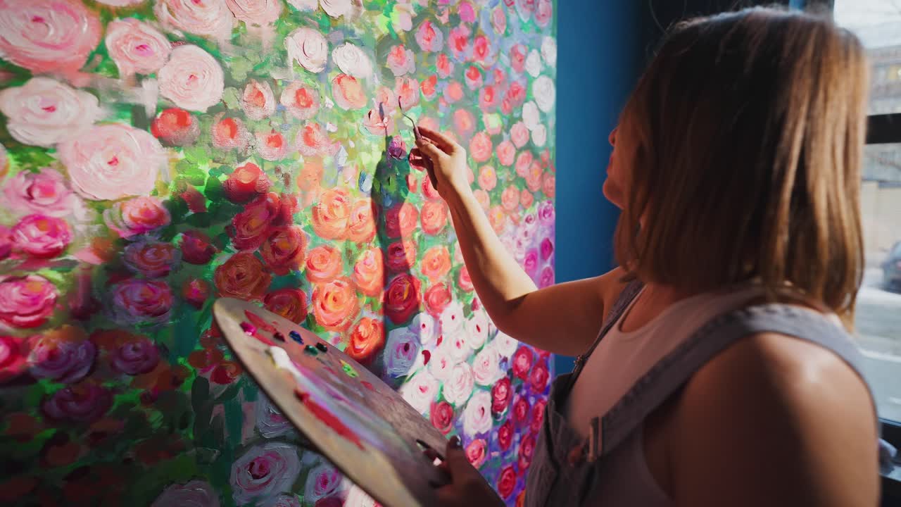Artista Pintando Obra de Arte Floral Vibrante com Espátula
