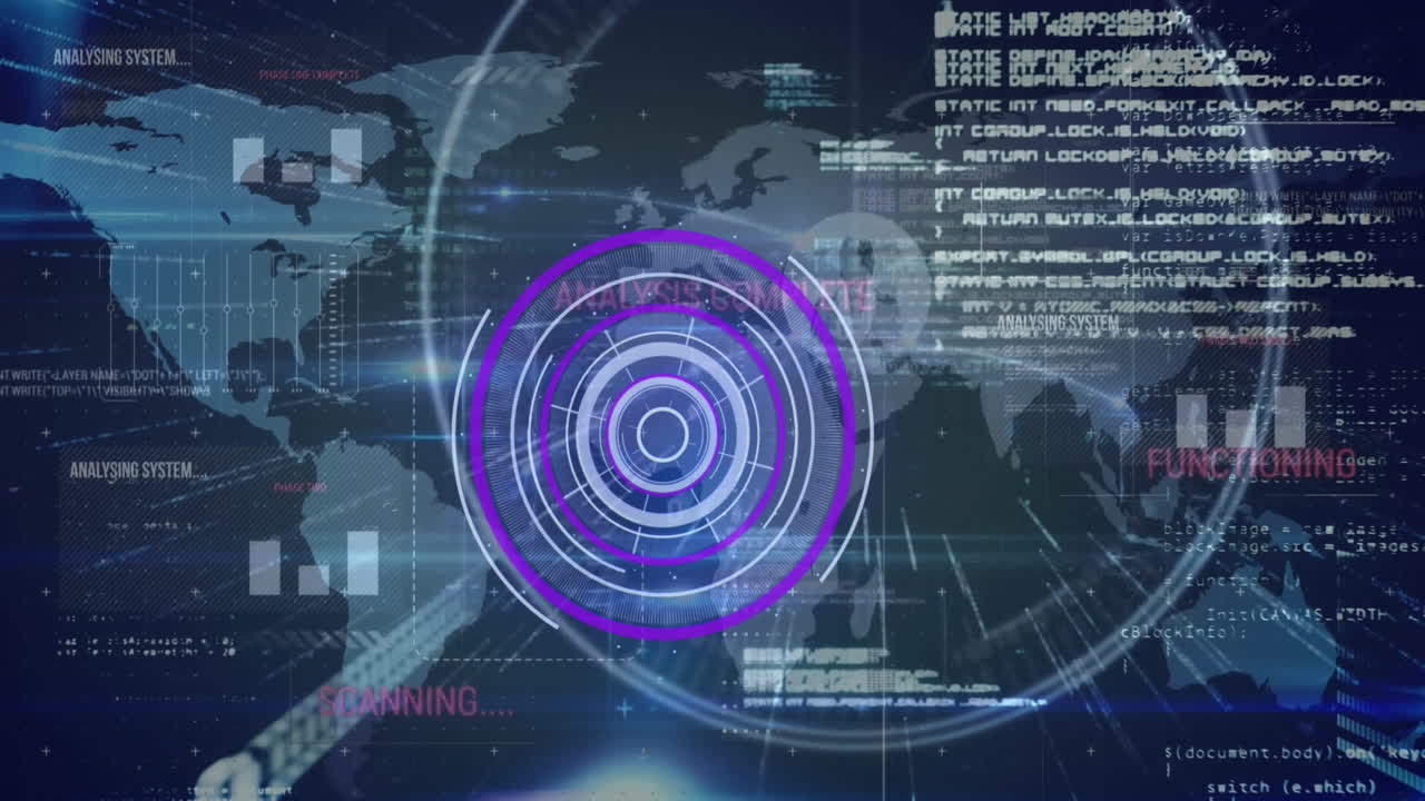 animación de círculos sobre gráficos, lenguaje informático, textos e iconos de perfil en el mapa