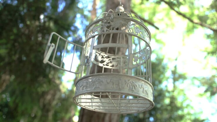 Opened bird cage hanging from a tree