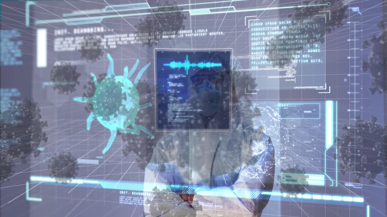 animación de la célula de covid-19 y datos sobre un médico caucásico en traje de ppe