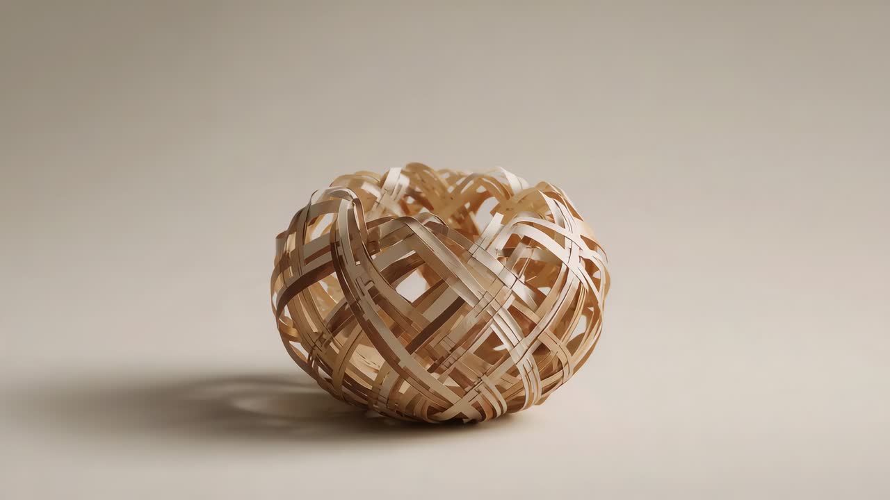 Zooming camera moving closer to woven wooden sphere on beige tabletop, revealing weave detail