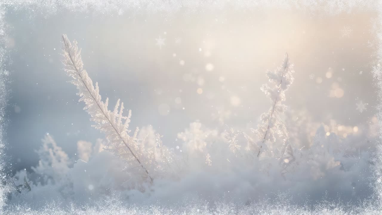 Una fotocamera che mette a fuoco rivela steli d'erba ricoperti di galaverna in un campo innevato, mostrando dettagli di fiocchi di neve esagonali