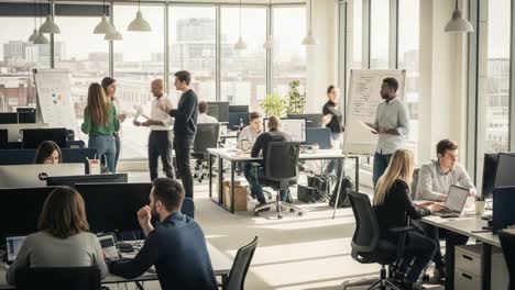 dynamic office collaboration: a multifaceted workspace setting with engaged teams interacting, brainstorming, and innovating in a modern business environment