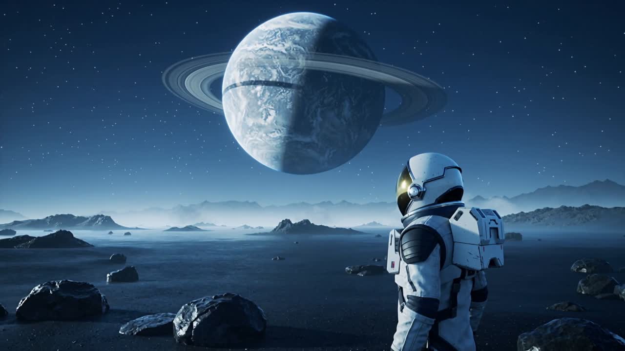 Lysskifte opfordrer astronaut i rumdragt til at gå på en slette mod en ringplanet, gul visir, med plads til tekst.