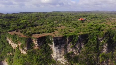 los acantilados de uluwatu, revelando el acantilado de borde afilado con un paisaje verde exuberante, capas de piedra caliza terciaria y olas del océano índico que se rompen en la playa de bali, indonesia