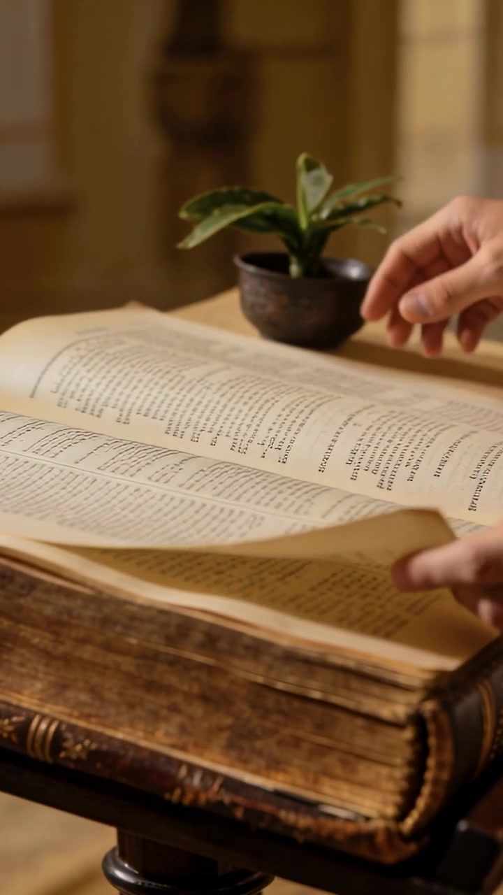Video verticale: Alzando la mano destra, sfogliando le pagine di un libro antico su un piedistallo, cercando mappe.