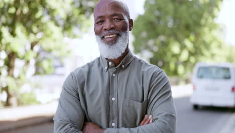 mature businessman, face or arms crossed on city