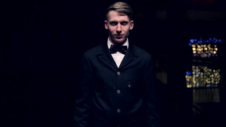 Young blonde man in a black suit with bow-tie coming out from dark to light and smiling. Slow Motion