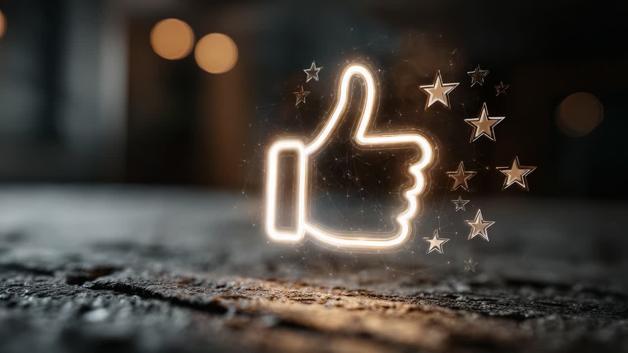 En glödande tummen upp-ikon omgiven av glittrande stjärnor som illustrerar positiv feedback och godkännande i en svagt upplyst miljö
