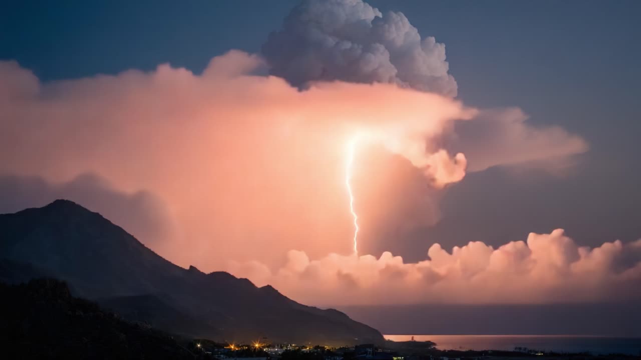 Uno spettacolo drammatico della natura: affascinanti fulmini in mezzo a un'enorme formazione nuvolosa sopra le montagne durante le ore del crepuscolo