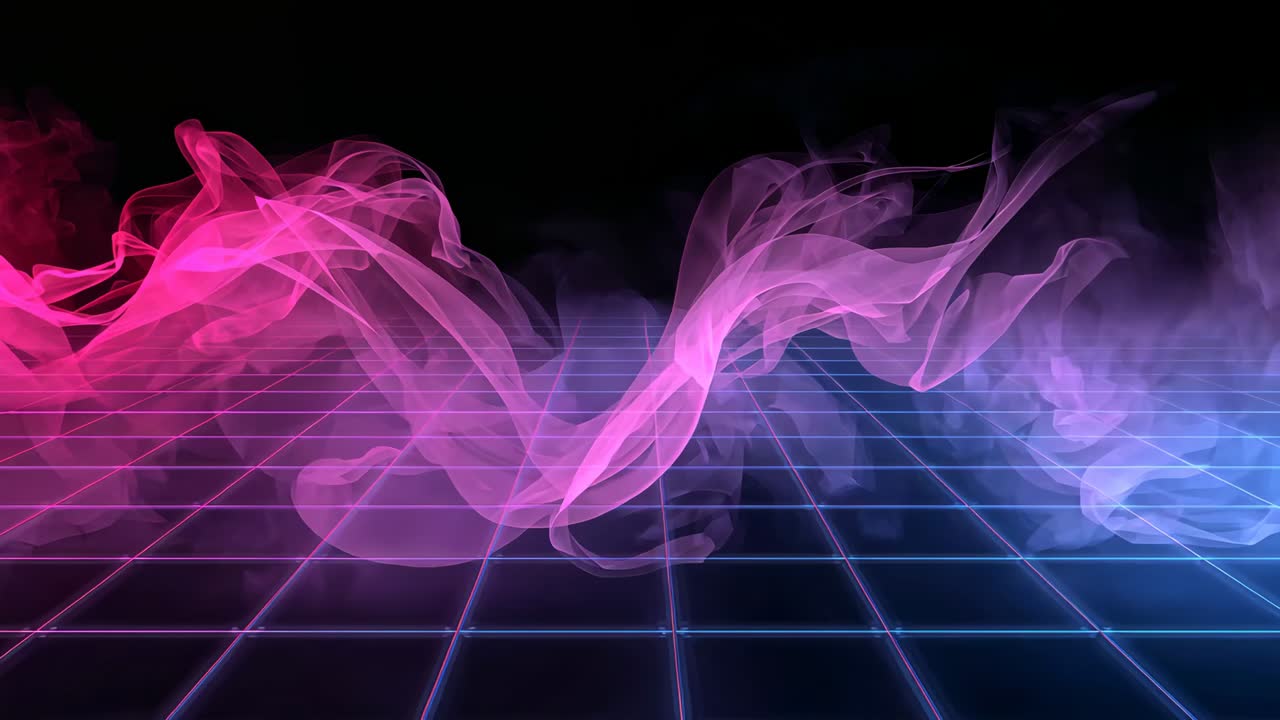Twisting as sequence starts, woven magenta-purple smoke ribbons rising above neon grid, synthwave