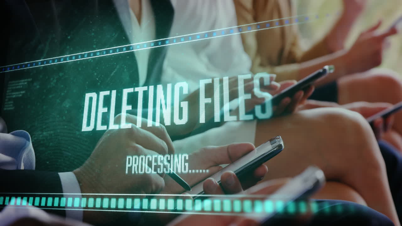 Animation of data processing over diverse business people using smartphones