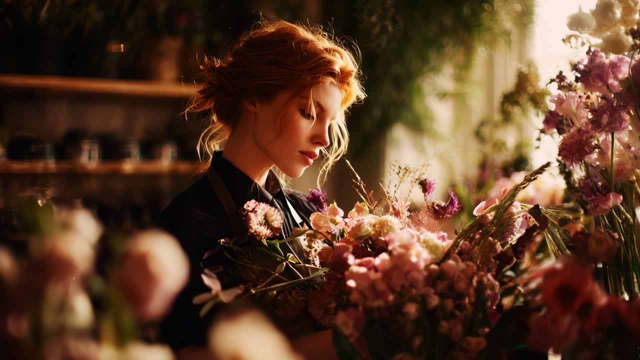 A Floral Dream: Captivating Moments with a Young Woman Surrounded by a Colorful Array of Fresh Flowers, Evoking a Sense of Serenity and Natural Beauty in a Blooming Studio Environment