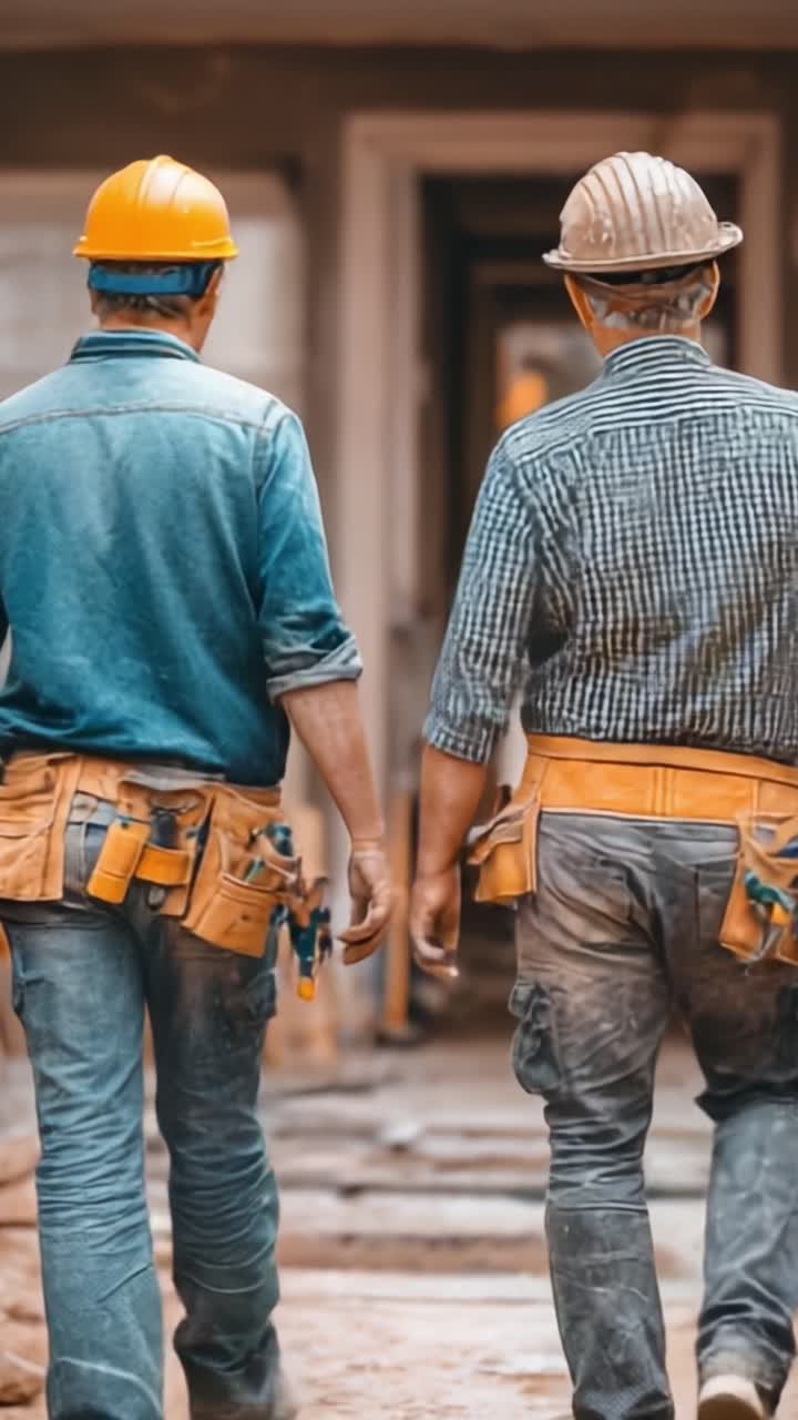 Dos trabajadores de la construcción caminando hacia una obra, mostrando unidad y seguridad en su vestimenta y equipo, encarnando el trabajo en equipo en la industria de la construcción.