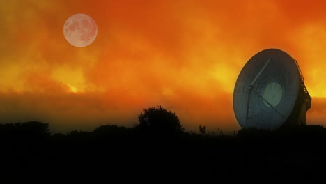 radio telescope with full moon and colorful sunset background - 3d animation