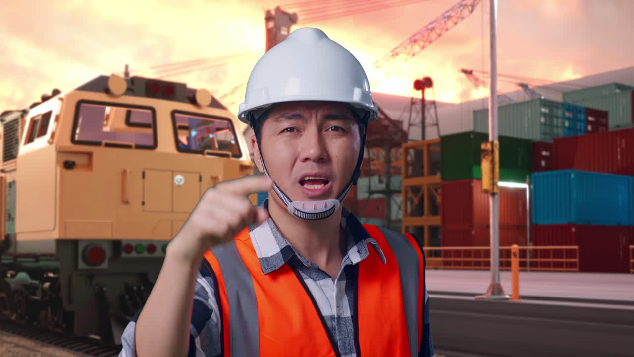 Close Up Of Angry Asian Male Engineer With Safety Helmet Shouting At Someone While Standing With Freight Cargo Train At Port