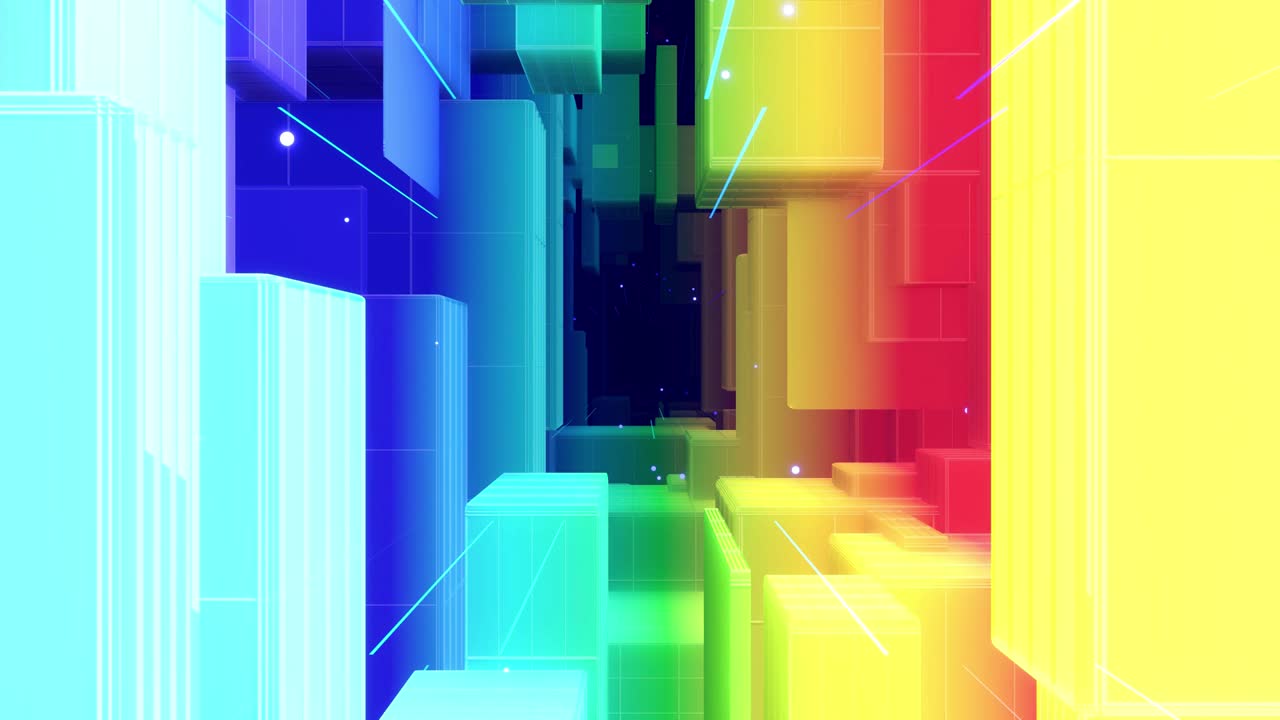 brillante hermoso fondo geométrico. vuelo a través del espacio de arte lleno de estructuras rectangulares o cúbicas, luz de neón. gradiente de color arco iris. bucles vj. 4k 3d render gráficos de movimiento bg