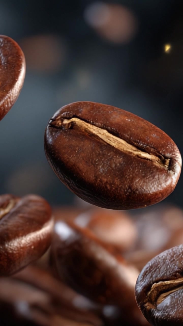 Et fantastisk nærbillede af flydende kaffebønner fanget i høj detalje, der viser deres blanke overflade og unikke egenskaber i en kunstnerisk fremvisning.