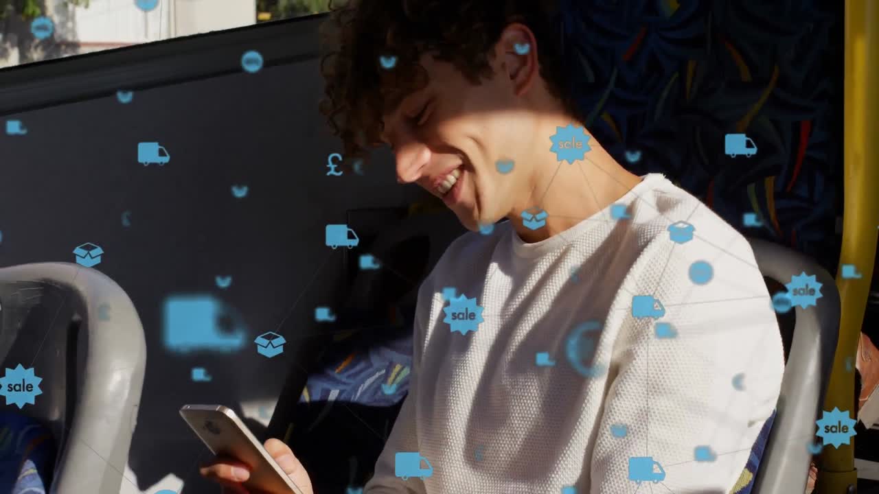 animación de una red de iconos digitales sobre el hombre utilizando un teléfono inteligente