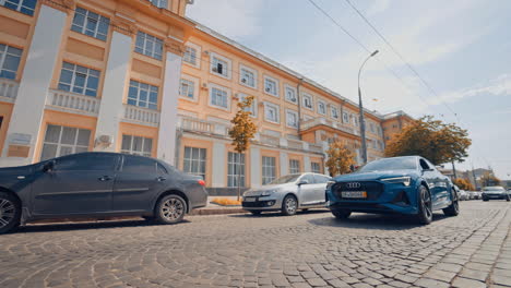 audi e-tron first all-electric suv car. presentation of a new car model. fast driving drifting in city