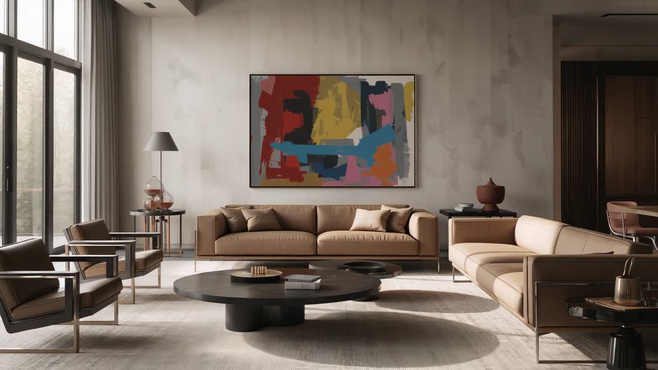 Operator initiating camera panning slowly from left to right in living room, showcasing sofa, table