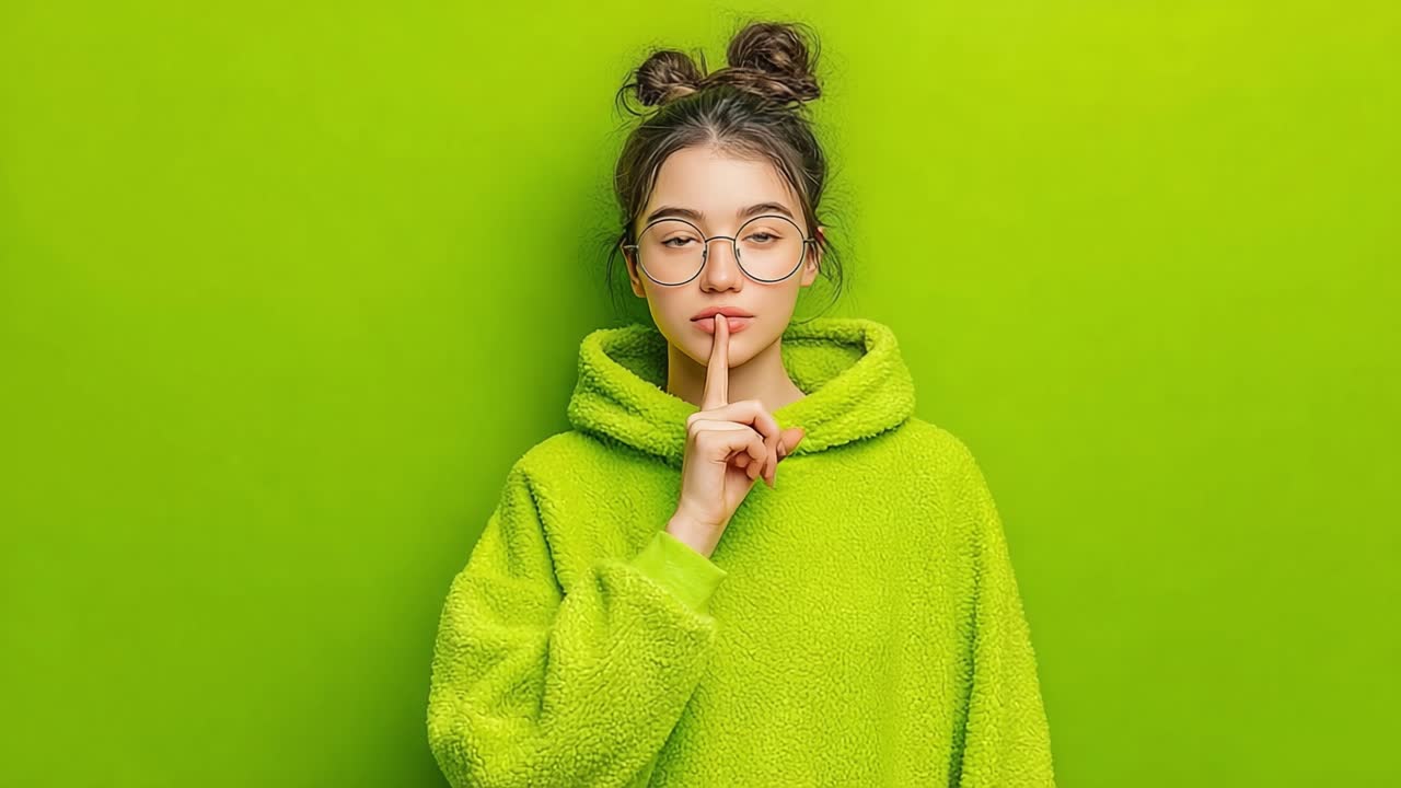 A Young Woman in a Bright Green Hoodie Silently Poses Against a Vivid Green Background, Signifying a Message of Quiet or Secrecy Through a Shushing Gesture