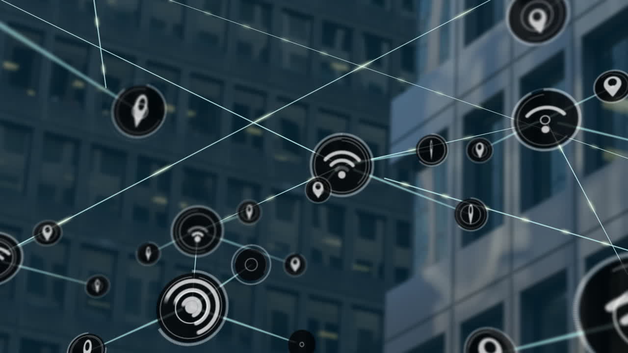 animación de la red de conexiones con iconos sobre el paisaje urbano