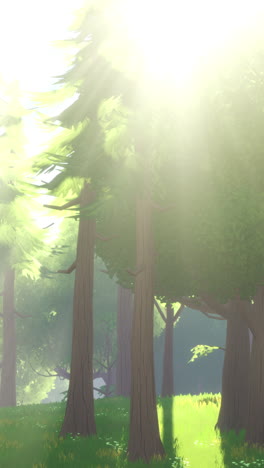 a serene forest scene with tall trees and bright sunlight