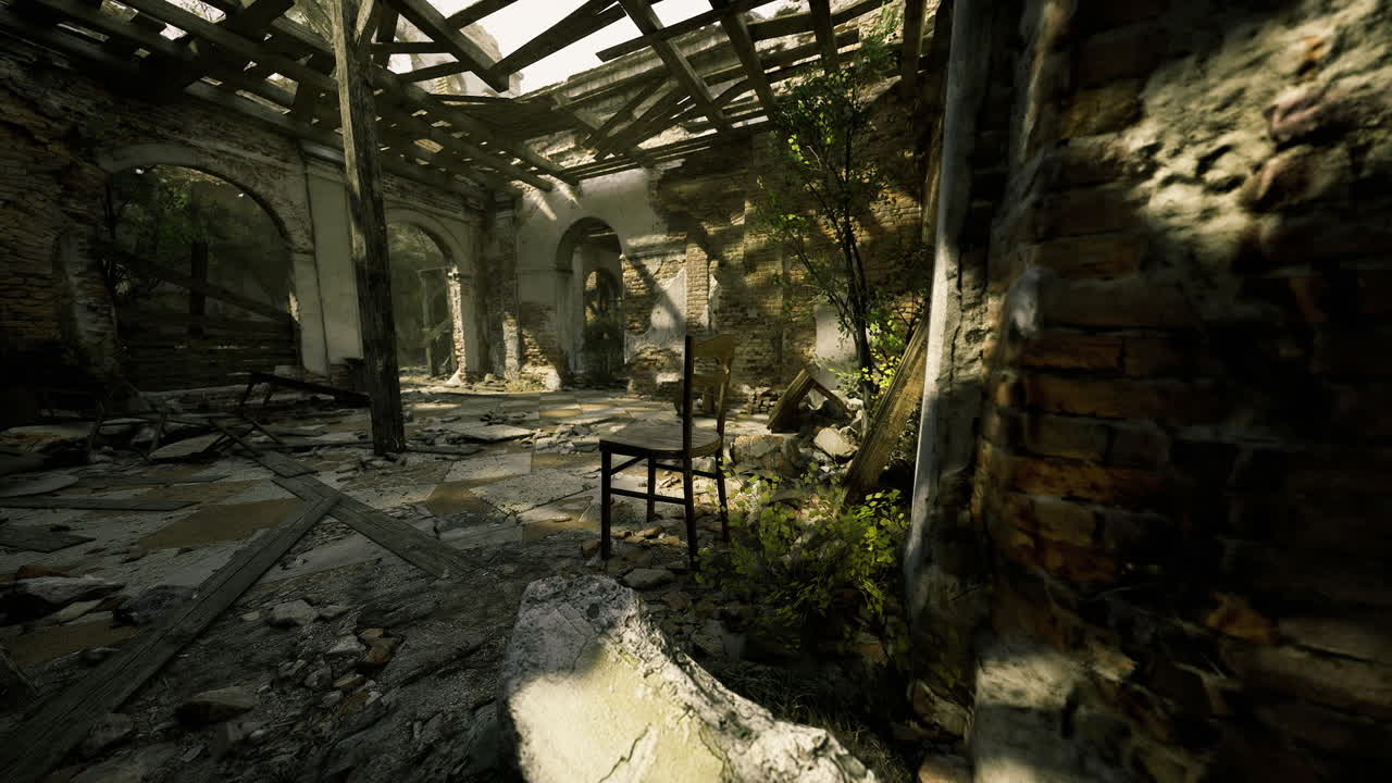 Interior de ruína luminosa abandonada, preenchido com texturas envelhecidas