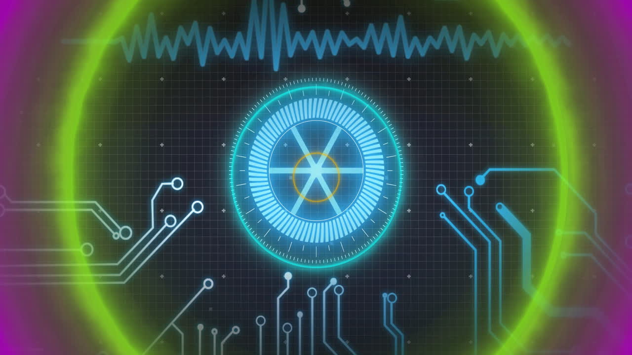 Neon circles and circuit patterns on futuristic digital interface grid background