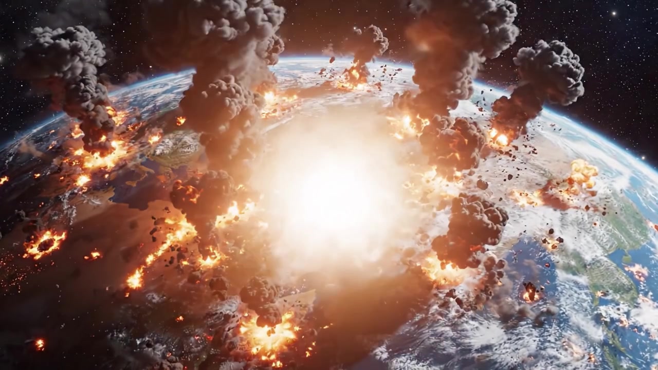 A Dramatic Imagery of Catastrophic Events Unfolding on Planet Earth, Showcasing Explosive Destruction from Multiple Eruptions and Fires in Space