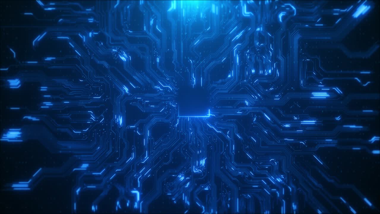 Sfondo fantastico hi-tech: design scheda madre con processore AI futuristico, circuiti, motion graphics