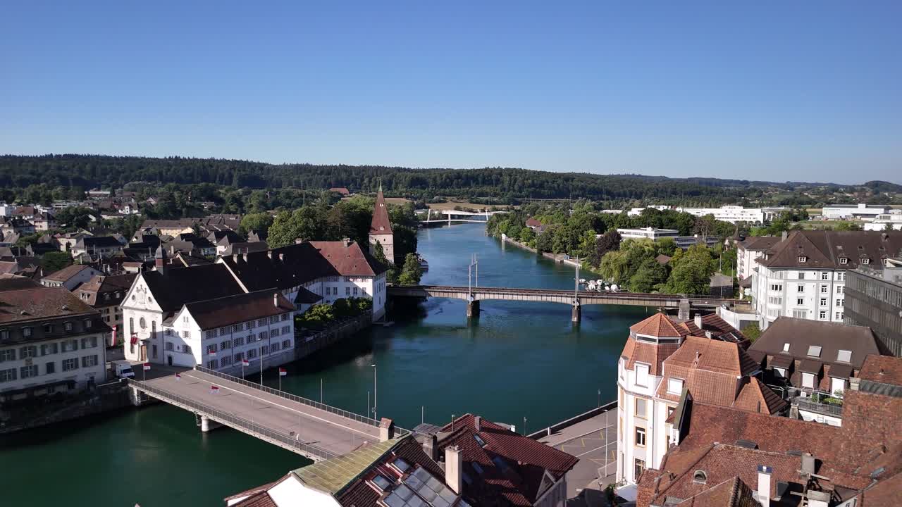 Solothurn Aare river Switzerland bridge infrastructure, aerial drone Europe medieval town