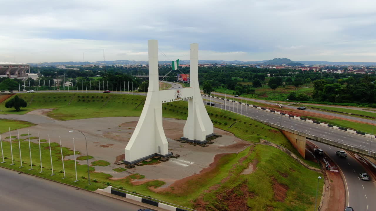 Aerial View of Abuja, Nigeria, Featuring the Welcome Arch and National Stadium