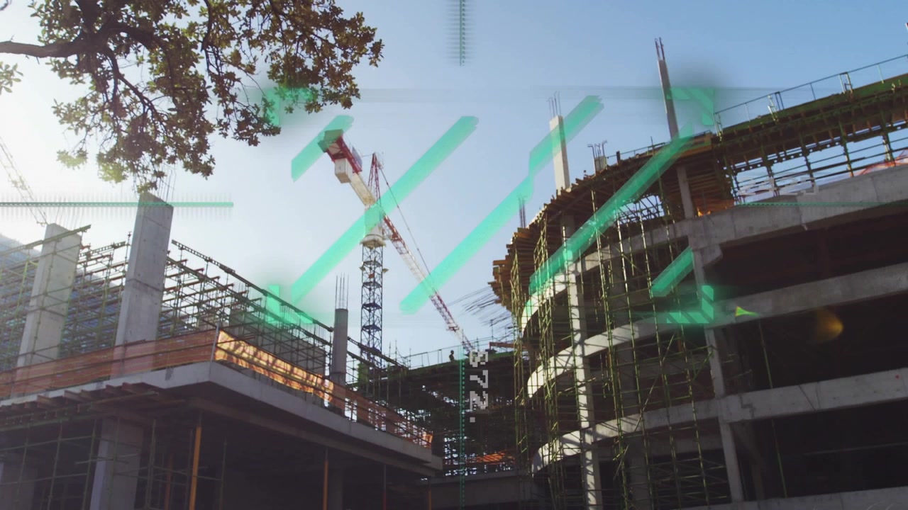 Animation of changing number and neon green scanner against construction site