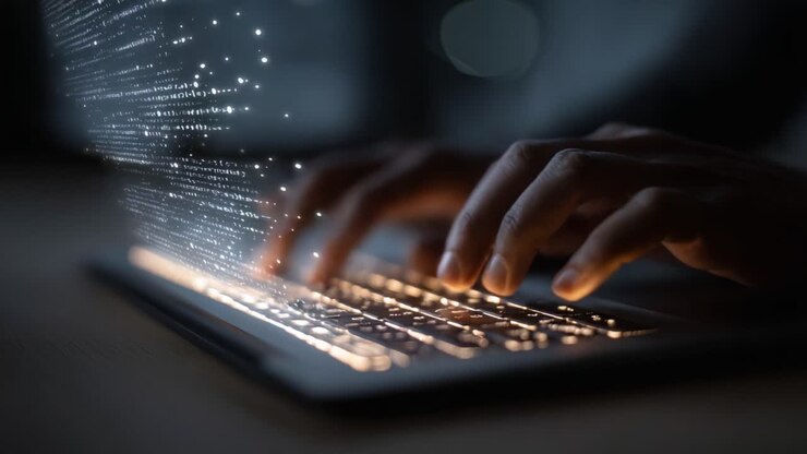 A Glimpse of Digital Creation: Illuminated Hands Typing on a Keyboard, Emitting Streams of Data in a Darkened Environment