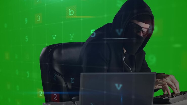 Cyber security data processing over male hacker using computer against green screen