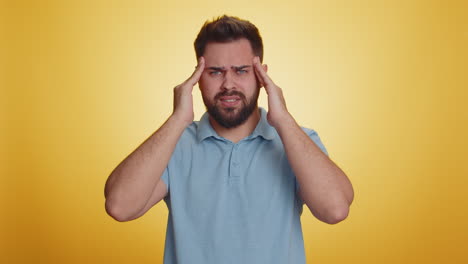 sick ill man rubbing temples to cure headache problem suffering from tension migaine stress pain