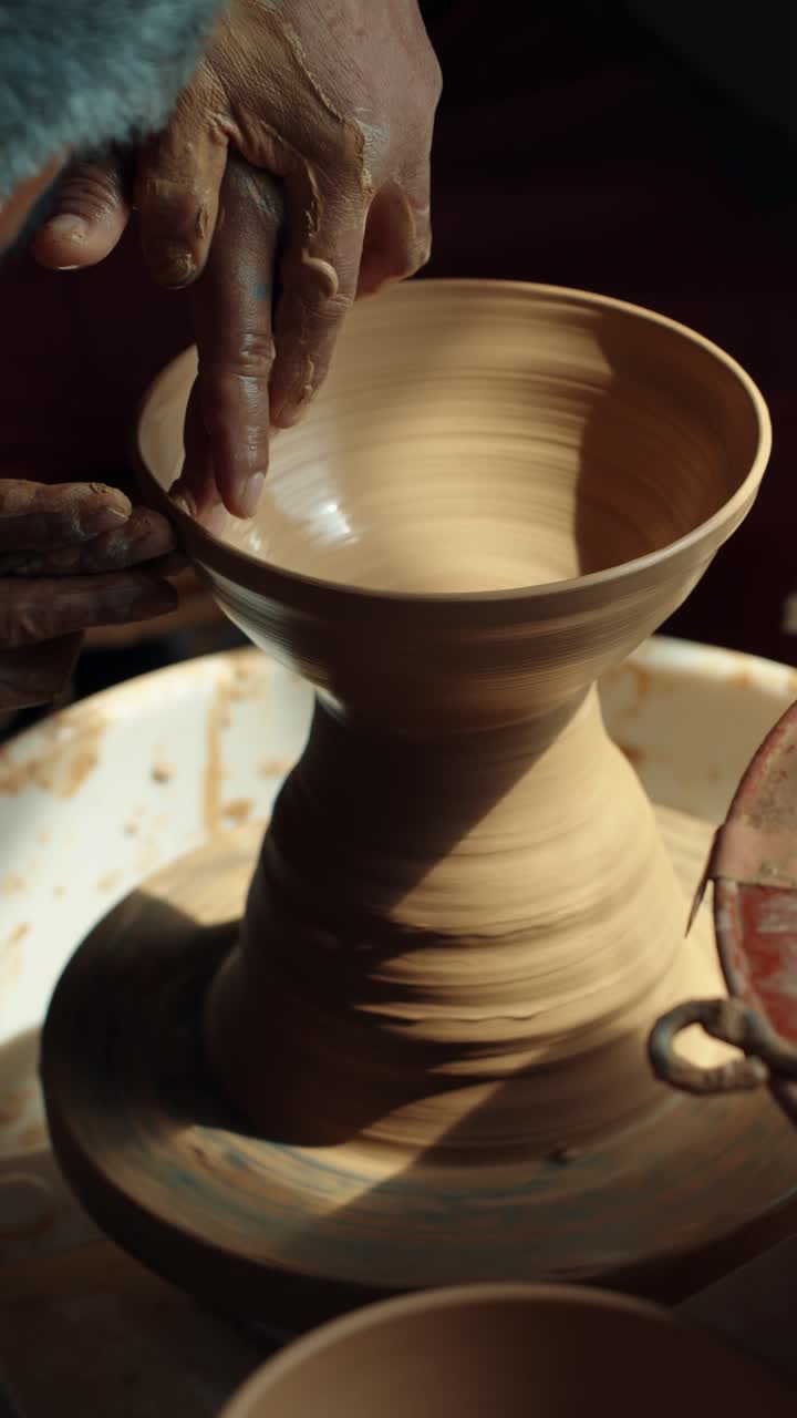 Mani che modellano abilmente un vaso di argilla su un tornio da vasaio in rotazione, illuminate dalla luce solare naturale in un ambiente di studio creativo