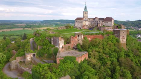 Panoramic-aerial-view-of-Gussing-Castle-in-Burgenland,-Austria