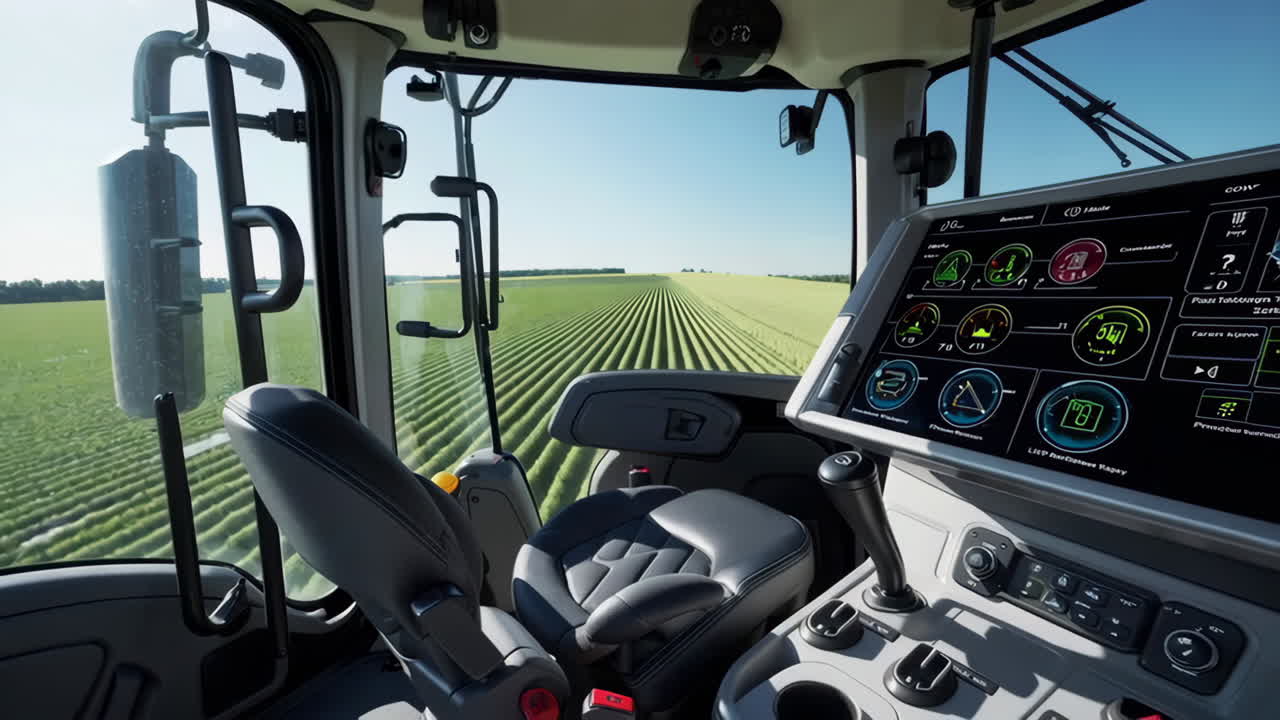 View from Inside a Modern Tractor Cabin Over a Green Agricultural Field
