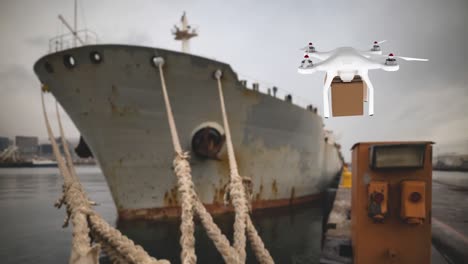 drone carrying a box in a port