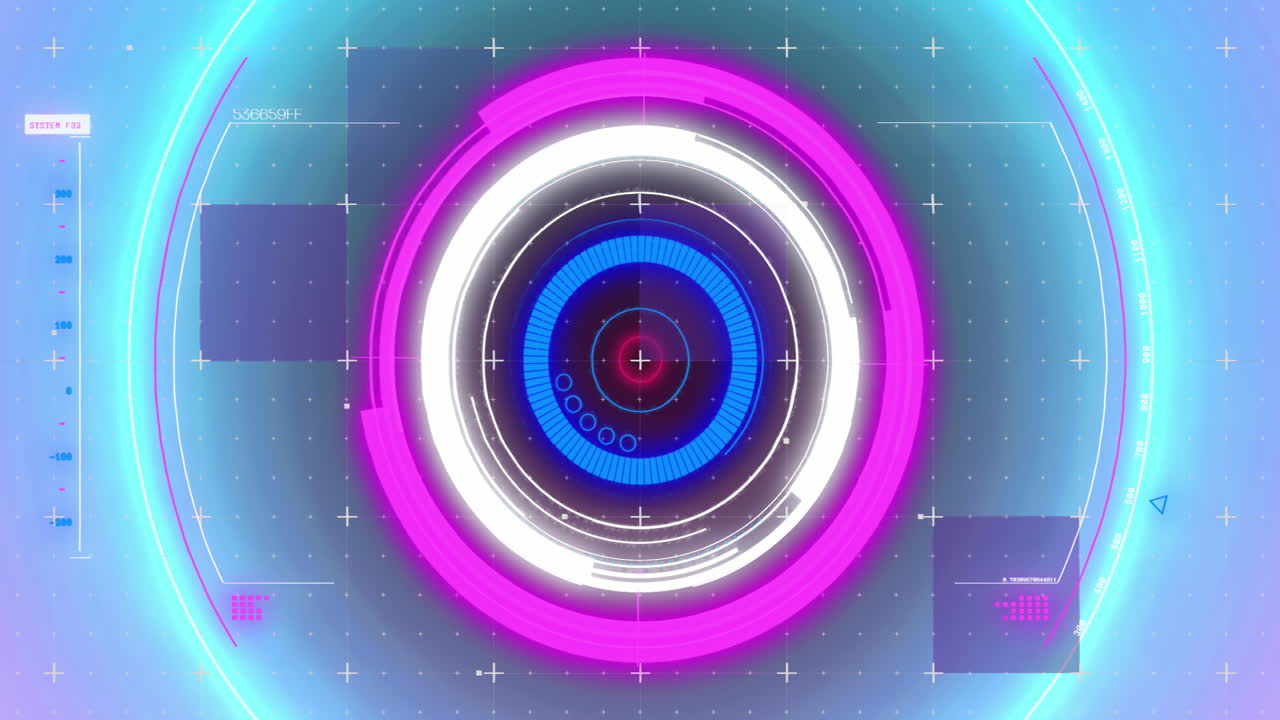 Animation of glowing blue and pink circles with scope on seamless loop