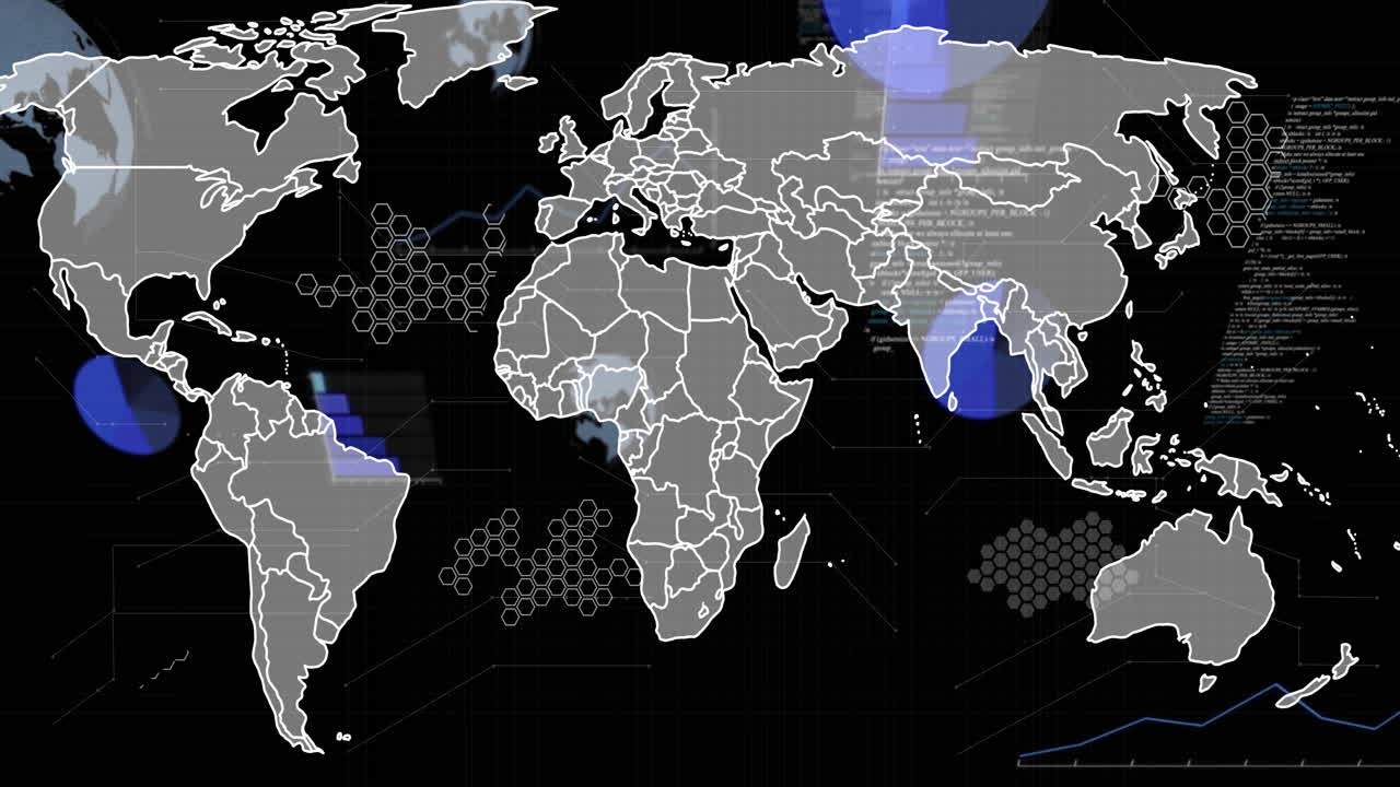 Simplified world map animating with data overlays on striped grid with hexagon clusters and lines