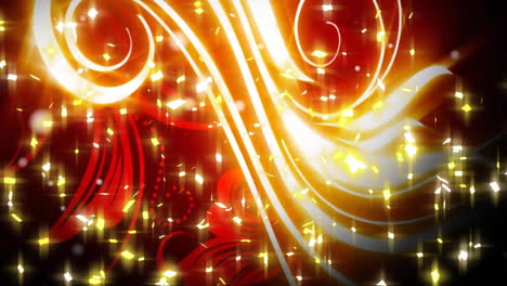 animation of snow falling and glowing lights over light trail pattern on red background