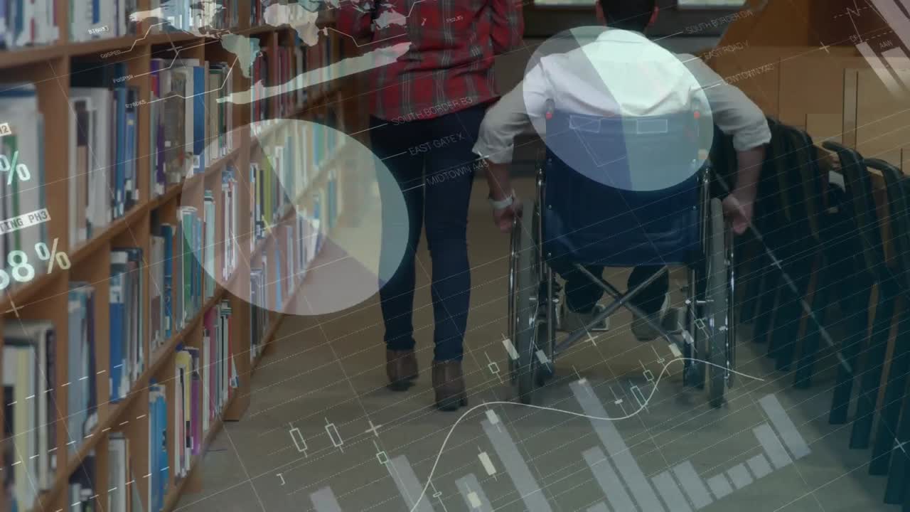 Animation of data processing over caucasian man in wheelchair in library