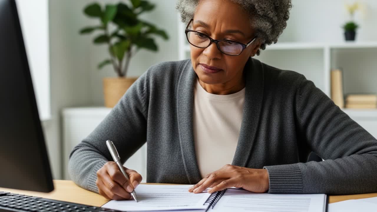 Focused senior woman engaged in writing notes at her desk, demonstrating concentration and determination while surrounded by a tidy workspace and greenery that enhances her productivity