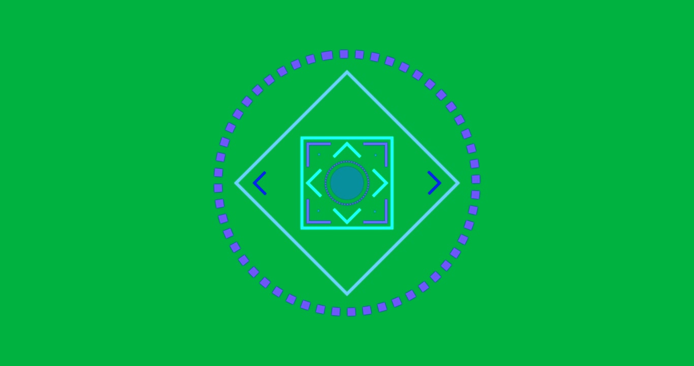 Animazione di un mirino viola e verde che scansiona e ruota su sfondo nero.