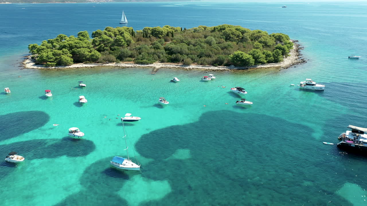 Aerial Of Boats Anchored In Blue Lagoon Near Krknjas Mali Island In Adriatic Sea, Croatia